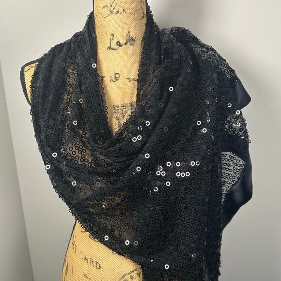 Black Mesh Sequin Satin Trim Scarf Shawl Women's OS - Picture 5 of 7